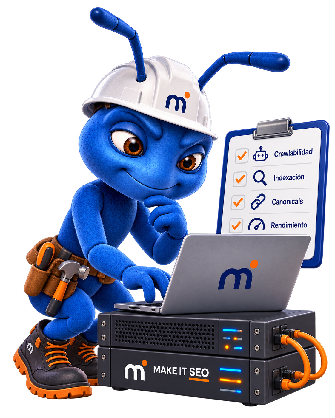 Hormiga de Make It SEO revisando una checklist técnica de rastreo, indexación, canonicals y rendimiento