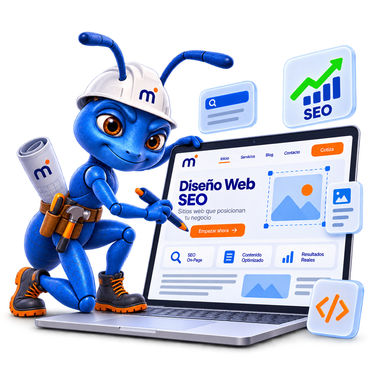 Hormiga de Make It SEO diseñando una web optimizada para posicionamiento