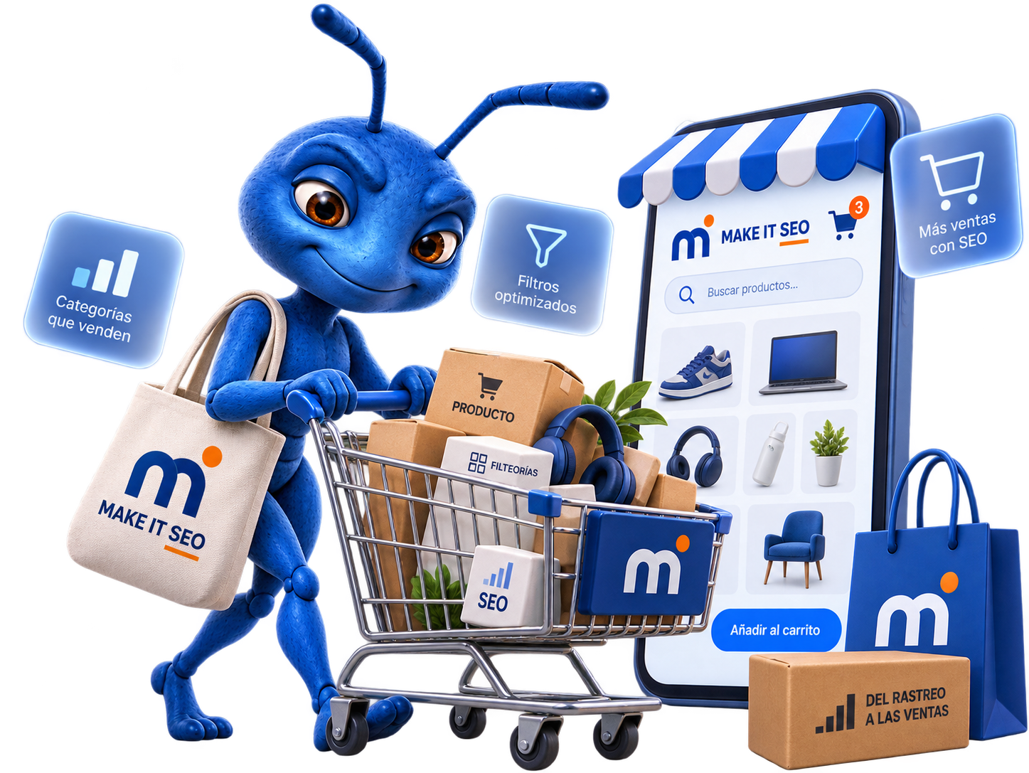 Hormiga de Make It SEO con un carro de la compra junto a una tienda online optimizada