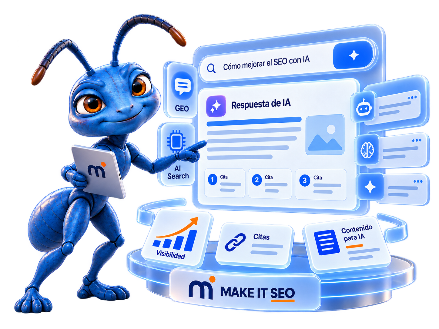 Hormiga de Make It SEO señalando una respuesta generada por IA con citas y visibilidad