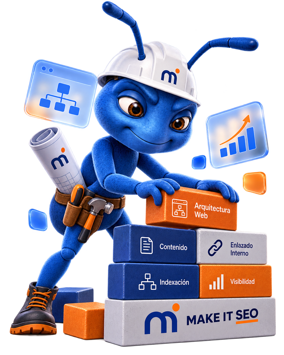 Hormiga de Make It SEO construyendo una arquitectura web con bloques de contenido, indexación y enlazado interno