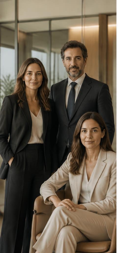 Fotografía editorial de un socio/a o equipo reducido en un despacho contemporáneo; luz natural, madera, cristal, nada de mazos o balanzas.