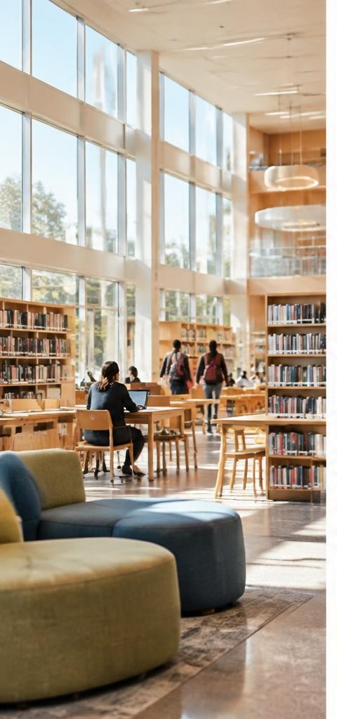 Espacio de aprendizaje real: aula luminosa, biblioteca o patio; sin retratos identificables en primer plano.