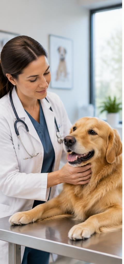 Veterinario/a revisando de forma tranquila a perro o gato en consulta moderna.