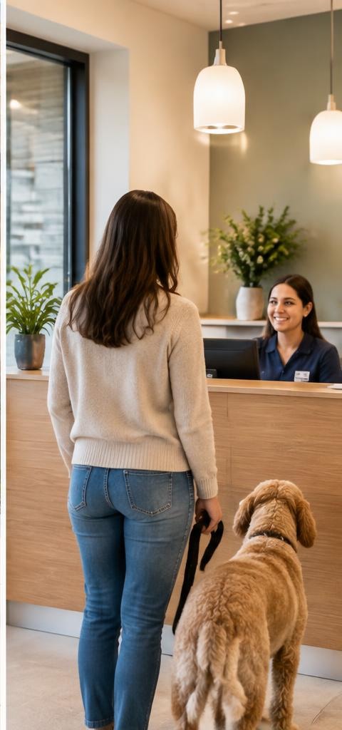 Imagen: exterior/recepción con mascota, diferente de consulta y retrato.