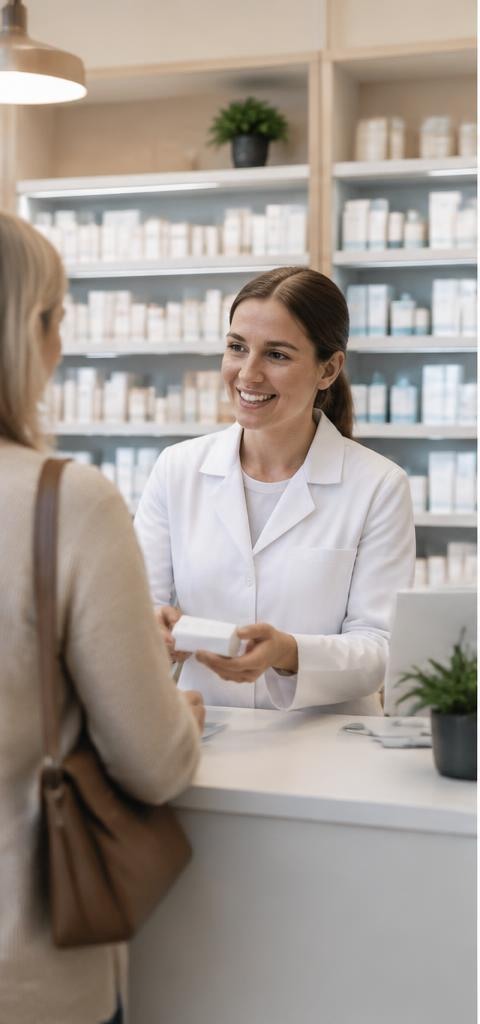Farmacéutico/a atendiendo en mostrador moderno, escena natural y profesional.