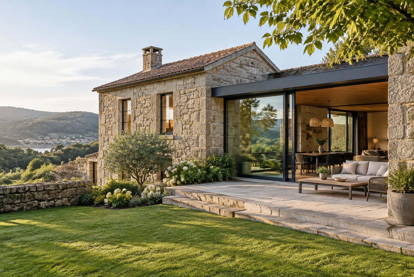 Casa gallega de piedra rehabilitada con una ampliación contemporánea